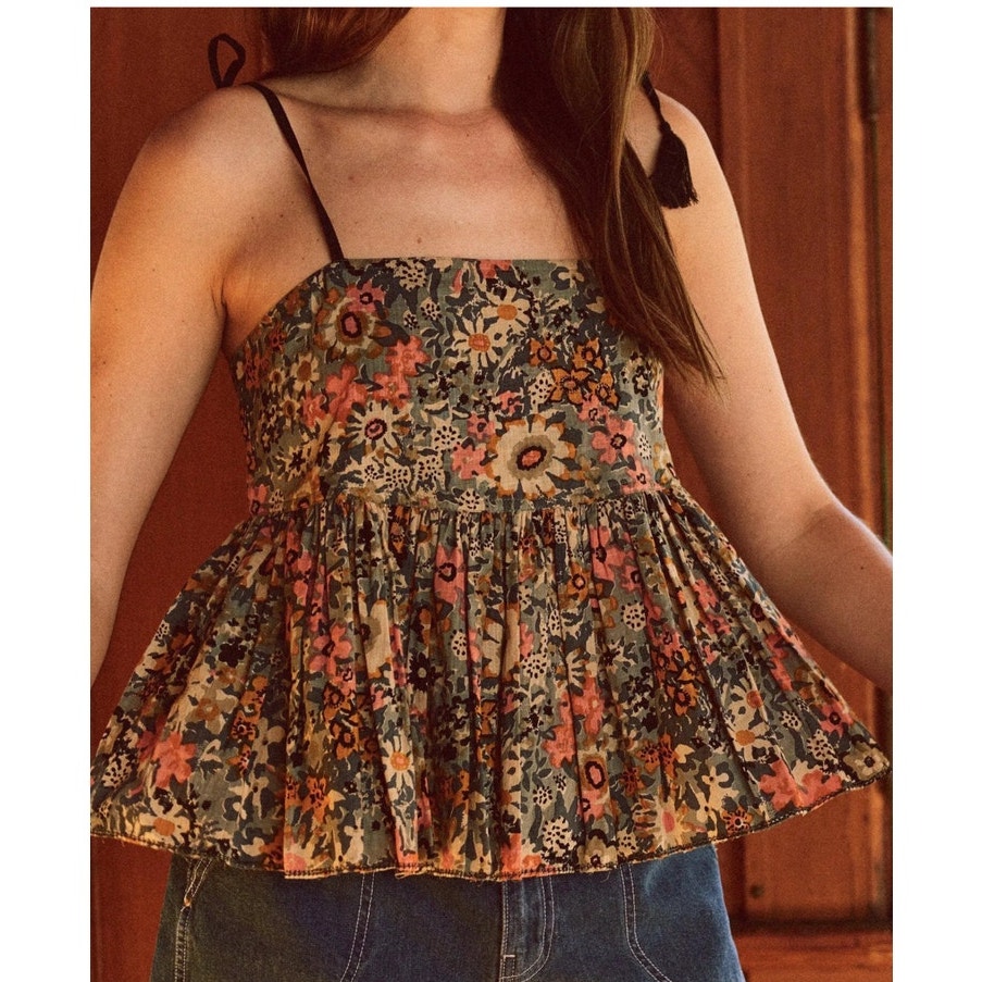 The Great. Cotton Black Floral Spaghetti Strap Dainty Top size Small