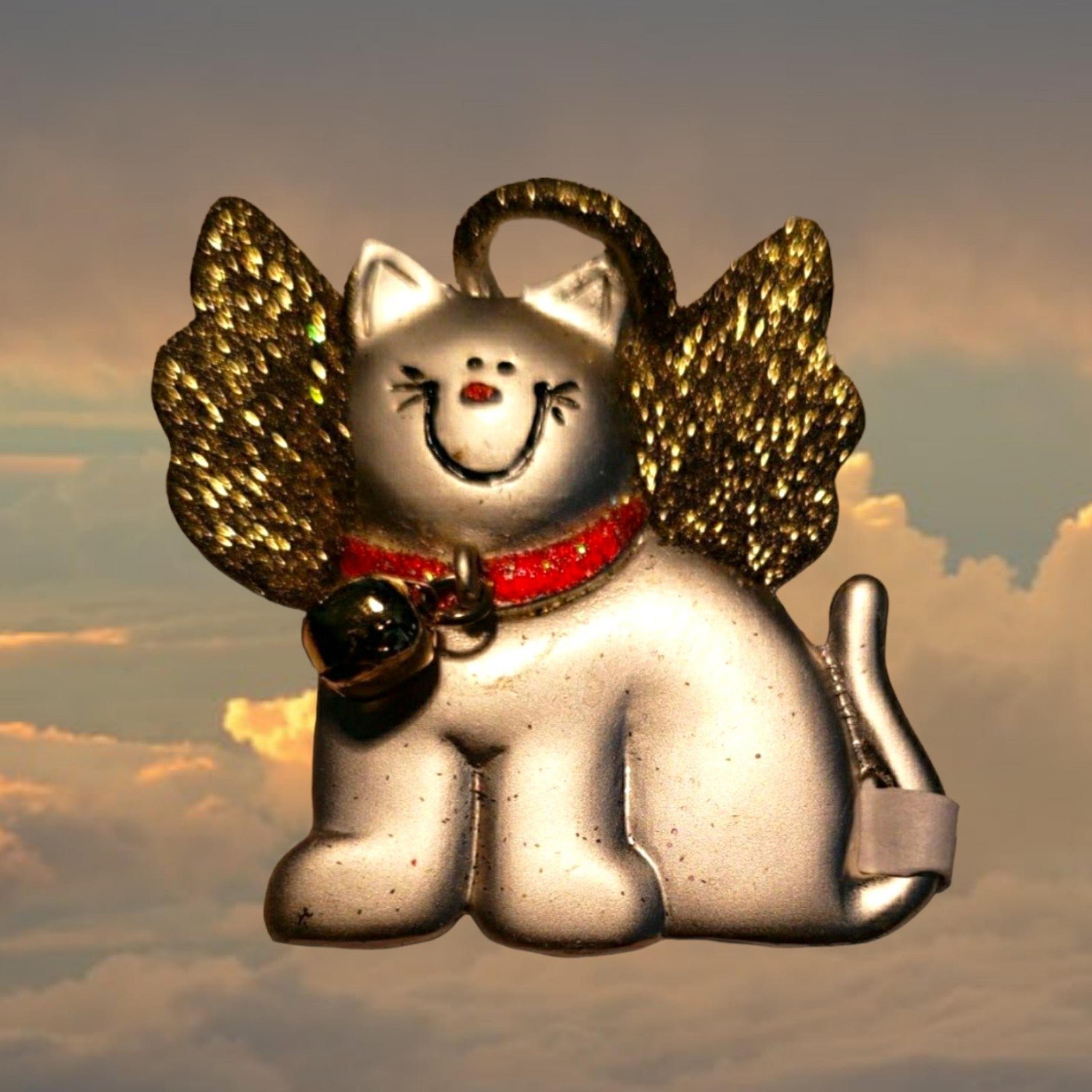Vintage Purrfect Angel Cat Brooch Pin W/Gold Glitter Wings, Halo Bell Collar