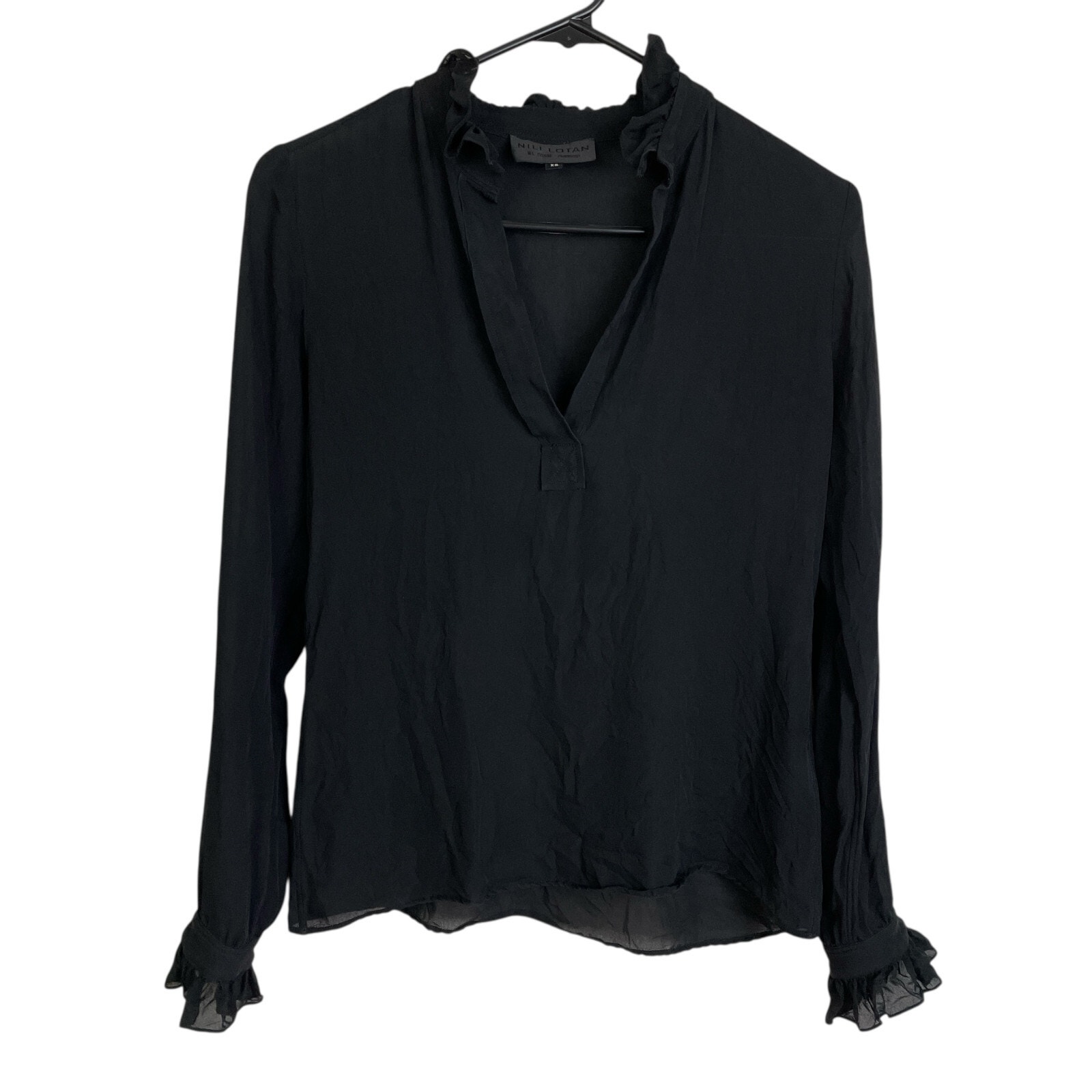 Nili Lotan Silk Blouse Extra Small Black Long Sleeve V Neck Ruffle Cuff Sheer