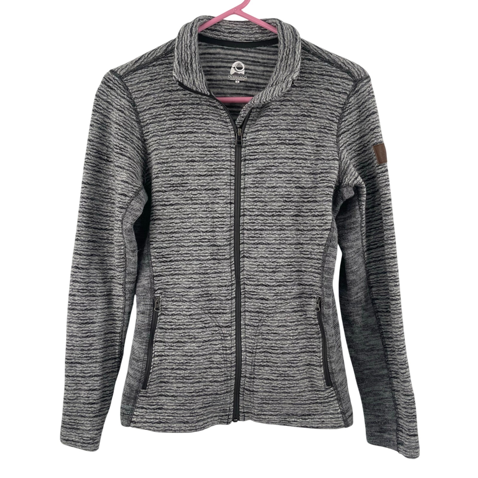 OVERLAND Zip Up Sweater Small Aurora Wool Blend Fleece Gray Stripe Jacket Pocket