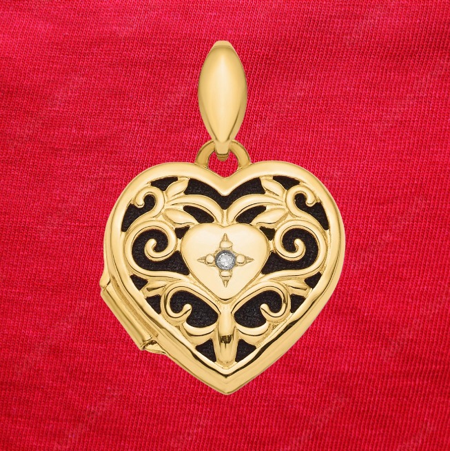 14k Polished Filigree w/ Black Fabric Diamond Heart Locket