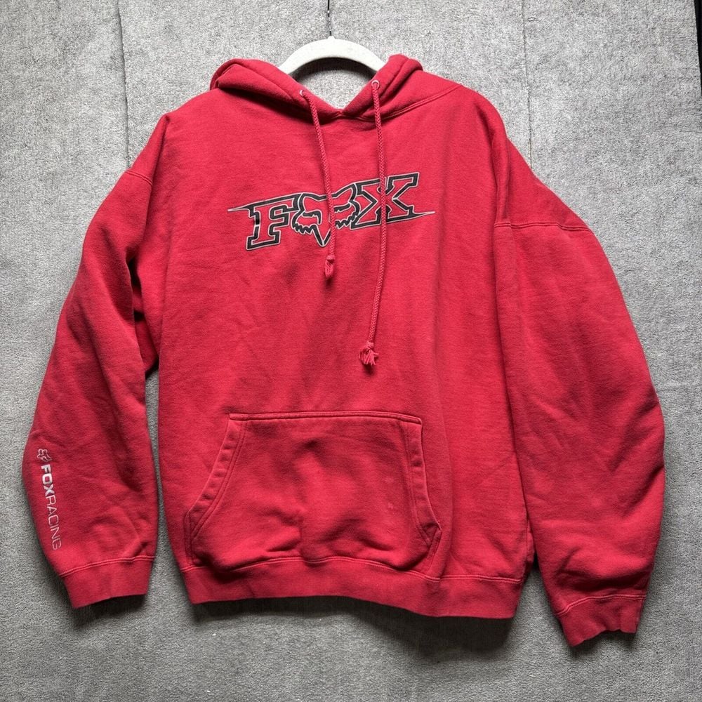 Vintage Fox Racing Hoodie Mens Large Red Pullover Kangaroo
