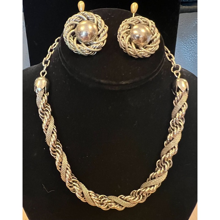 Vintage Silver Braided Chain Necklace & Matching Clip-On Earrings Set Craftsman
