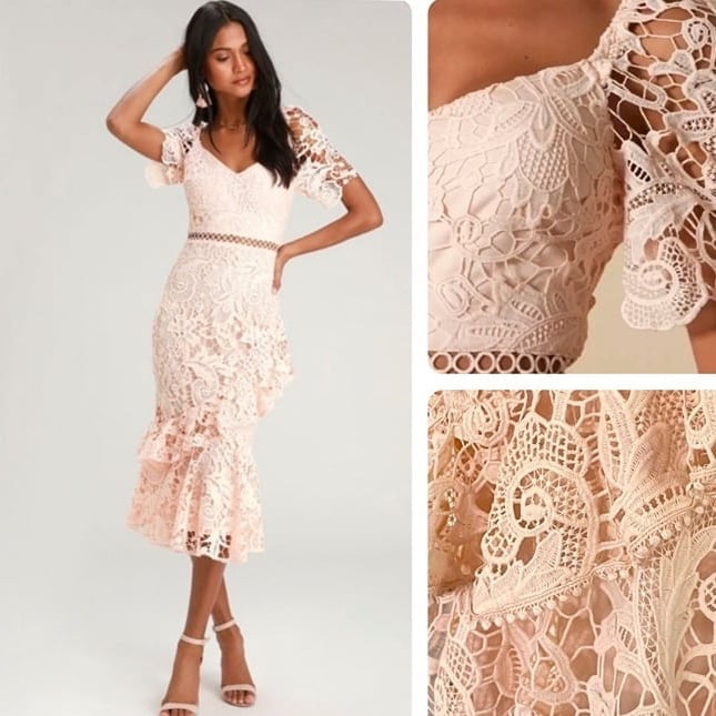[S] Lulus Briarwood Blush Pink Lace Ruffled Mermaid Dress With Short Puff Sleeve