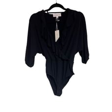 Rachel Zoe Bodysuit Womens Size M Black Ruffle Front Surplice NWT Modal