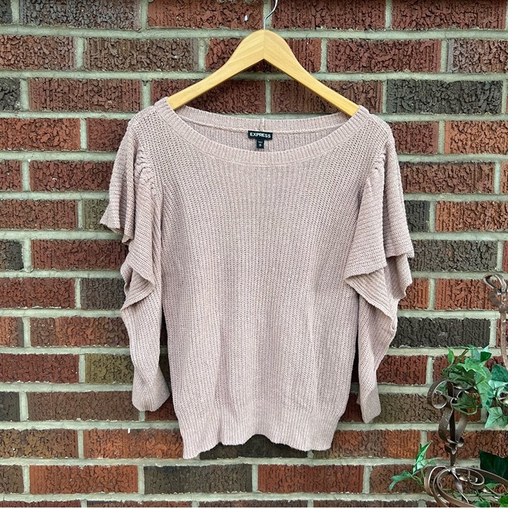 Express Dusty Pink Flounce Sleeve Open Sleeve Boat Neck Sweater