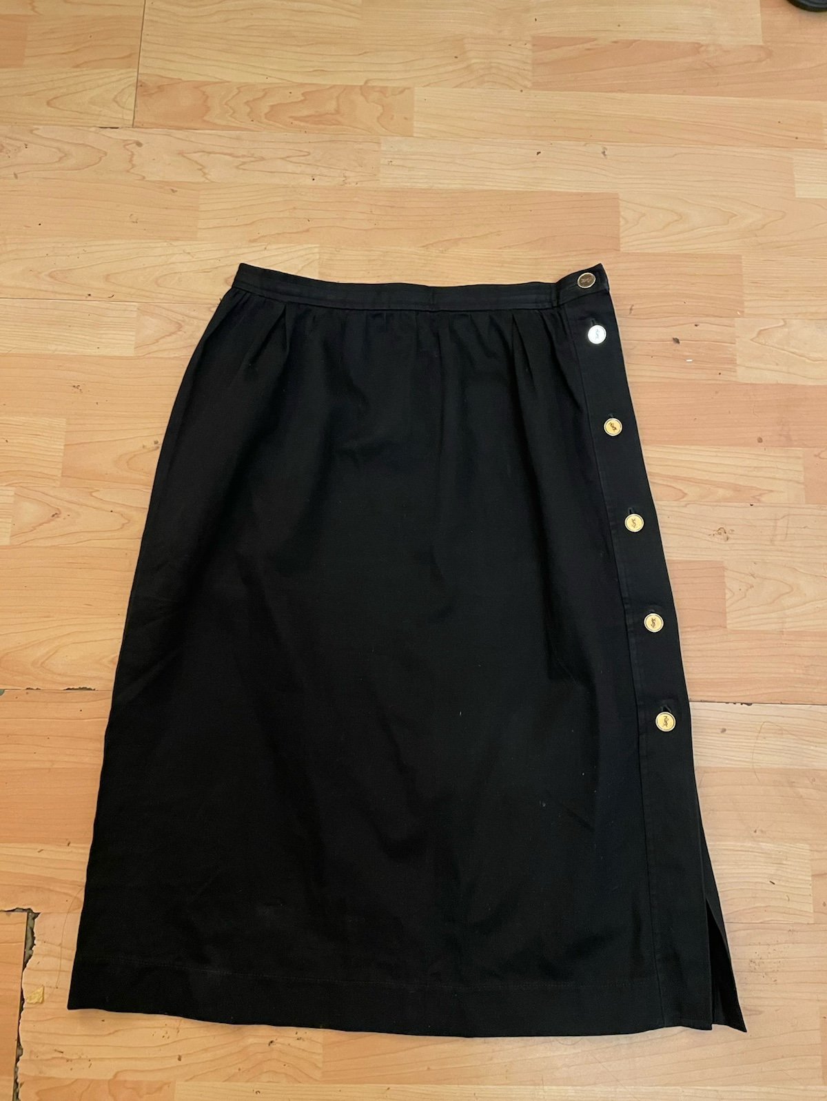 VTG YSL YVES SAINT LAURENT black A-line Skirt Sz 44 Or 14 Us Gold Buttons AH20 W