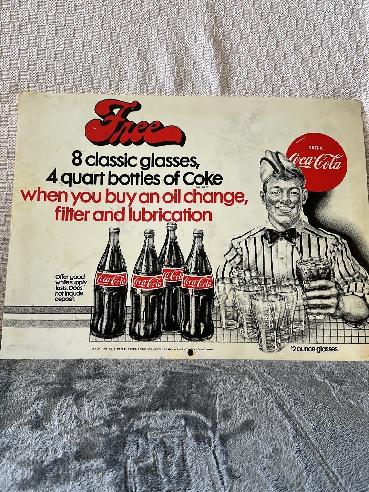 Vintage plastic sign Free Coke and glasses with oil change