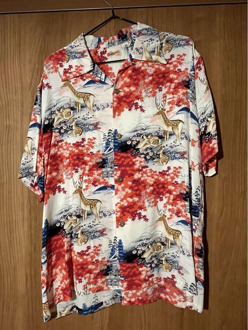 Brand New Sun Surf Aloha Shirt, L Size, Deer and Autumn Leaves Design, Rayon Fabric.