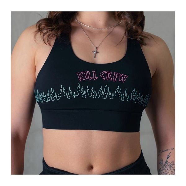 Kill Crew Flame High Support Sports Bra Strappy Longline- Black / Teal / Pink S