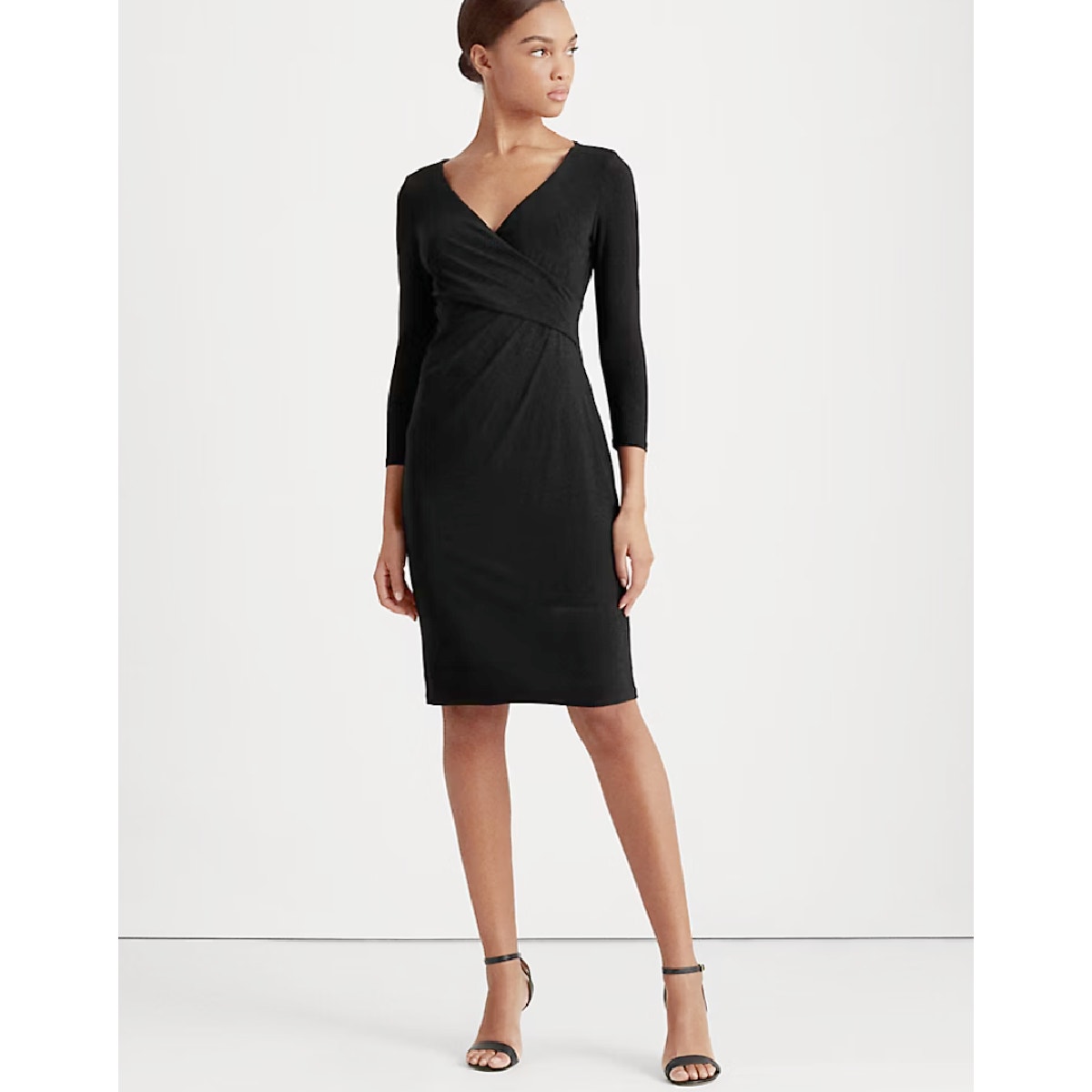LAUREN Ralph Lauren Black 3/4-Sleeve Ruched Jersey Surplice Dress Size 18