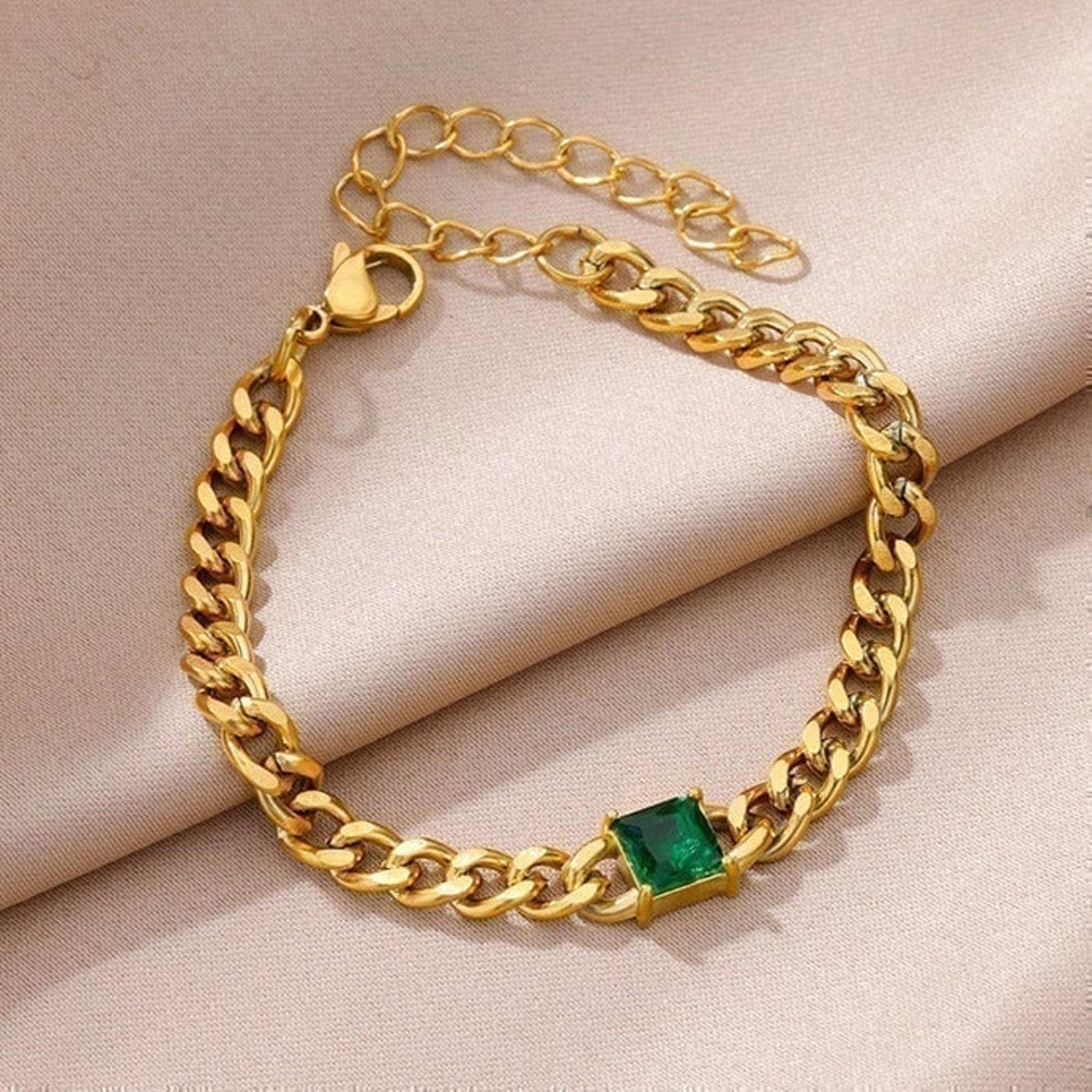 18K Gold Cuban Link 2ct Green Emerald Gemstone Bracelet Womens 18 Karat Jewelry