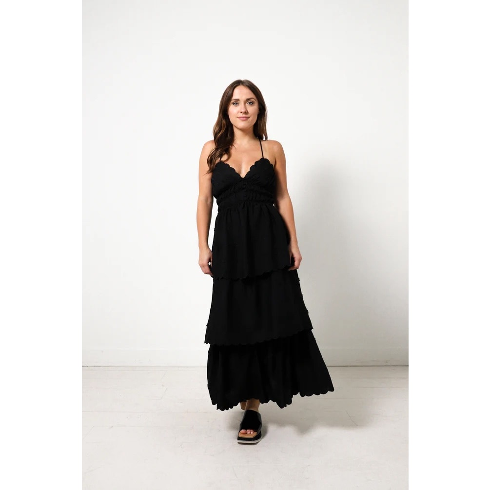 Self-Portrait 3D Flower Tiered Midi Dress Black Strappy Back Floral Lace Up