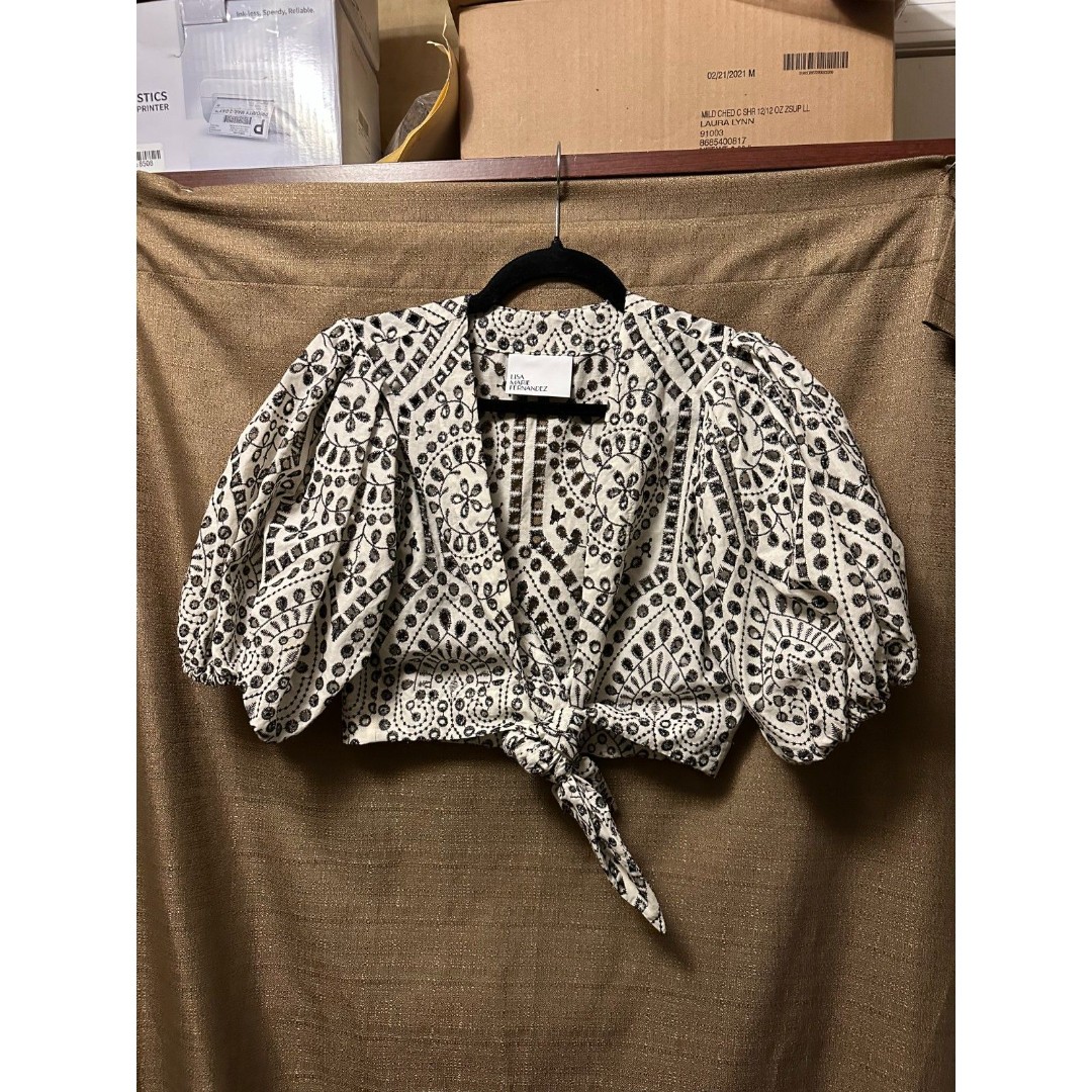 Lisa Marie Fernandez Printed V Neck Eyelet Crop Top Size 2 Black Cream