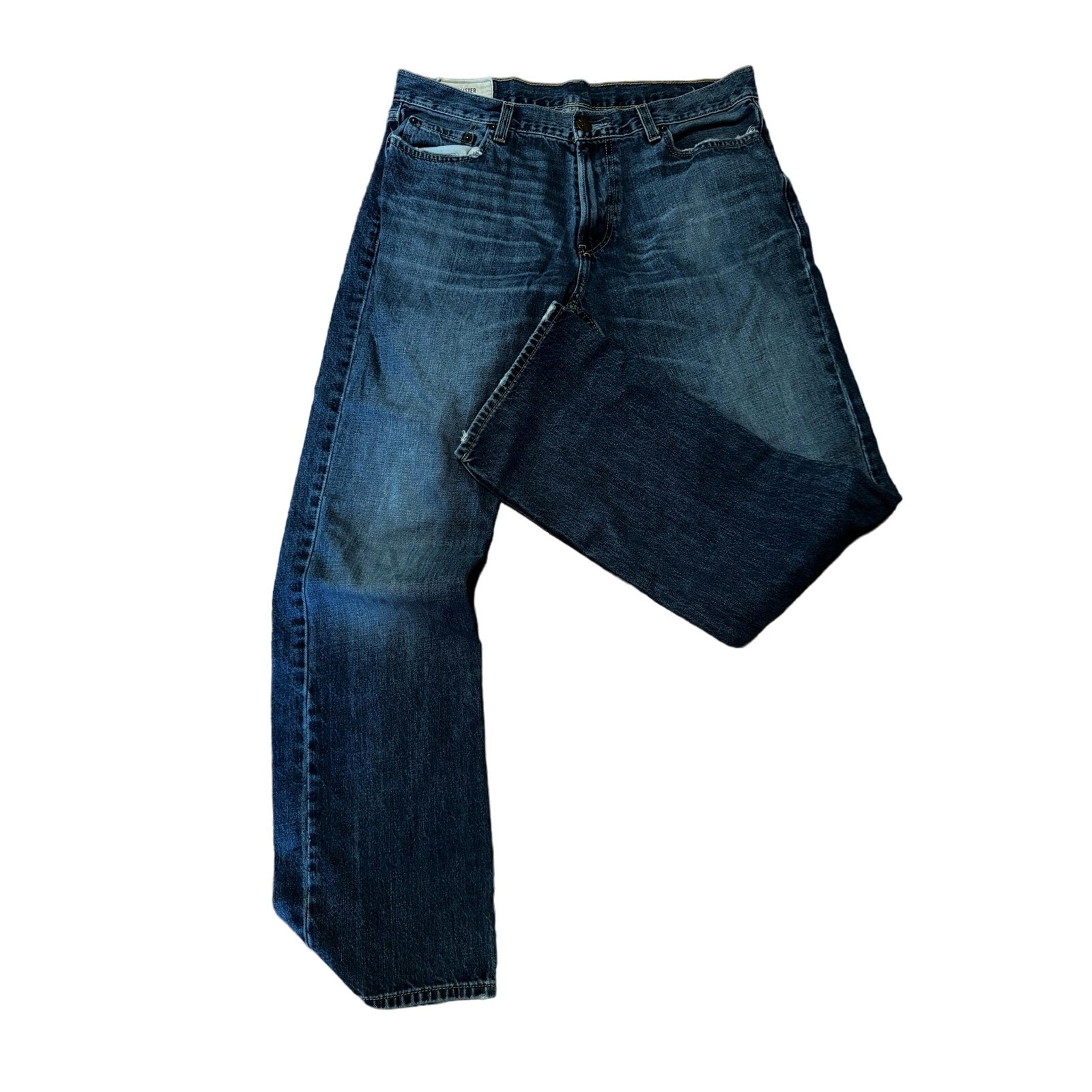 Mens Boot Cut DArk Wash 34 X 34 Holister Denim Jeans with Frayed Edges