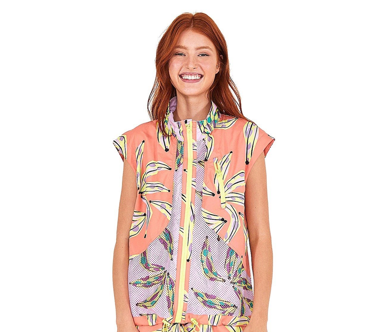 Farm Rio Viva NWT! Bananas Coloridas Yellow/Pink Colete Zip Up Top