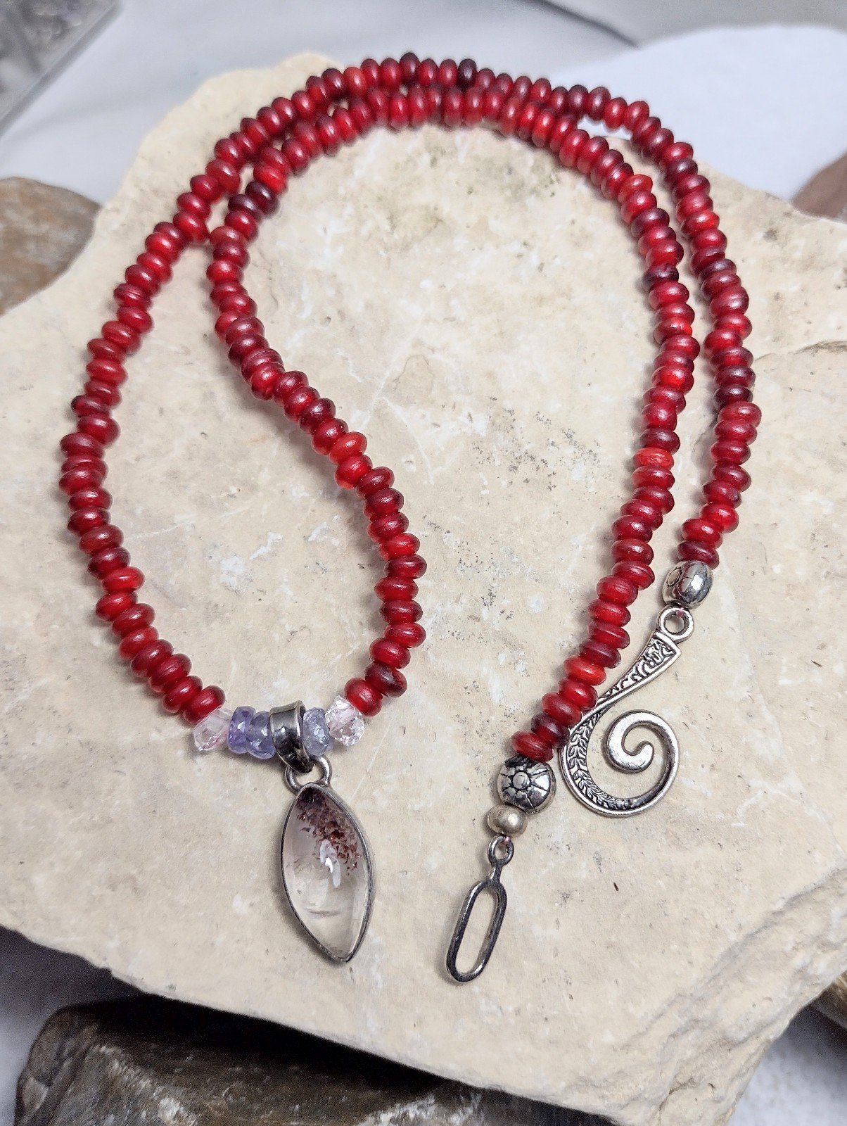 Sterling Silver Disco Fire Hematite Quartz Crystal Red Horn Bead Necklace