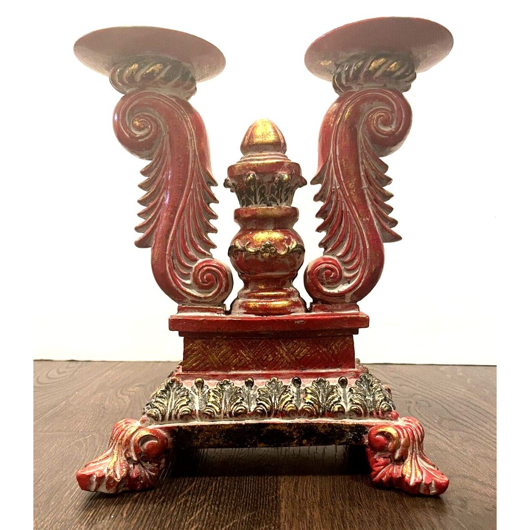 Hand Carved Painted Double Pedestal Wood Candle Holders Candleholders 10