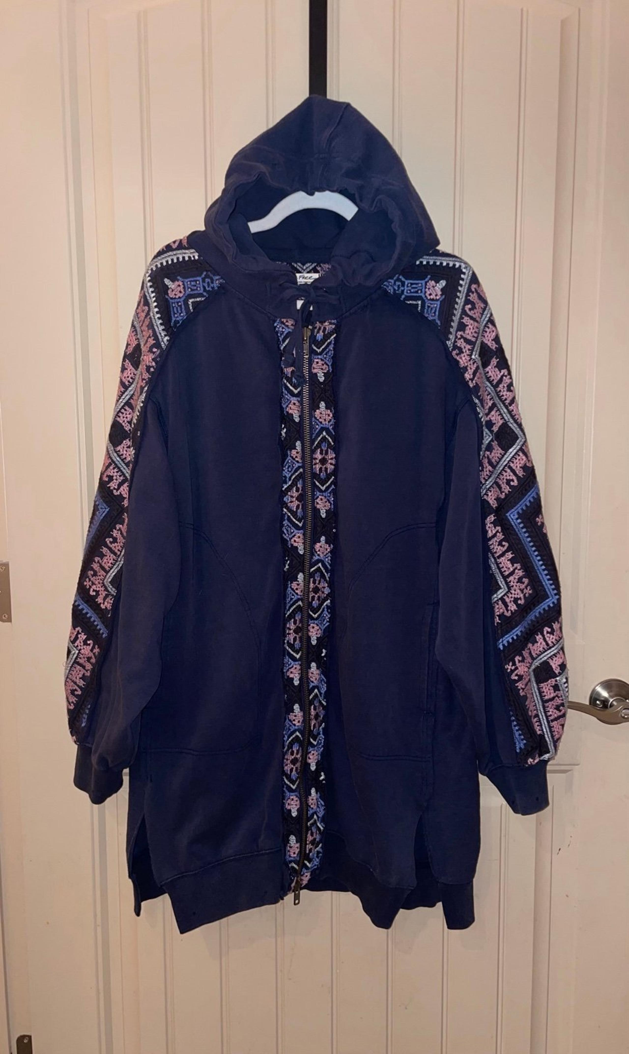 Free People We The Free Embroidered Full Zip Sweatshirt Dress Tunic Navy Small
