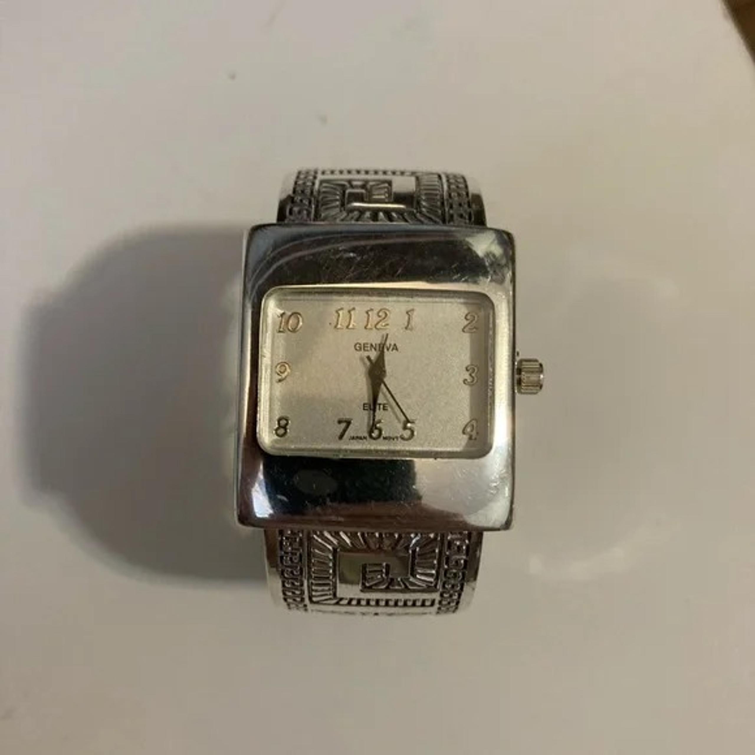 Silver Tone Geneva Elite Analog Cuff Watch w. Geometric Design
