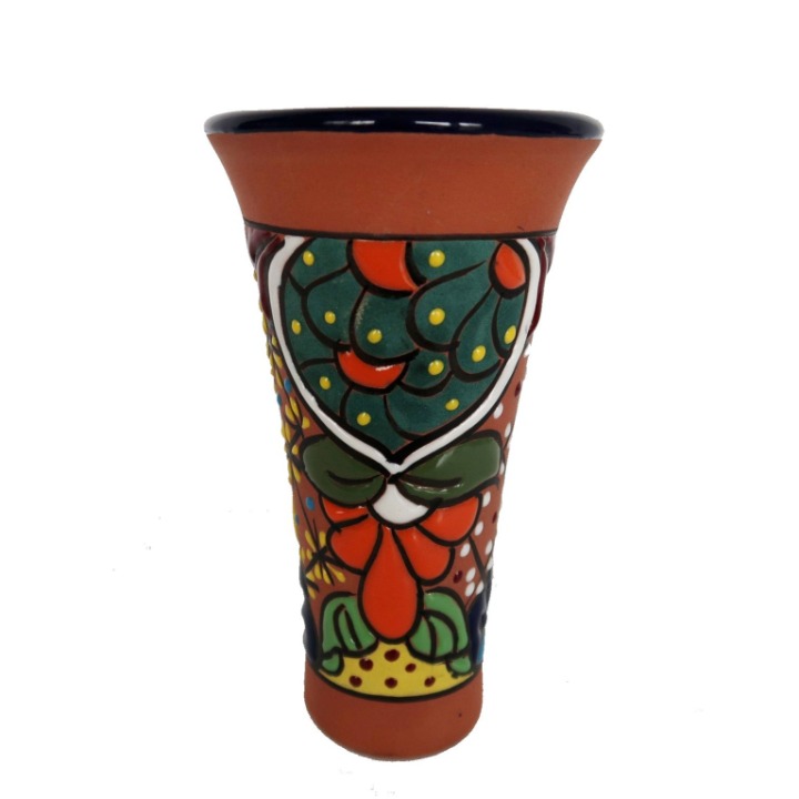 Vintage red clay Talavera style Mexican pottery vase green orange flower pattern