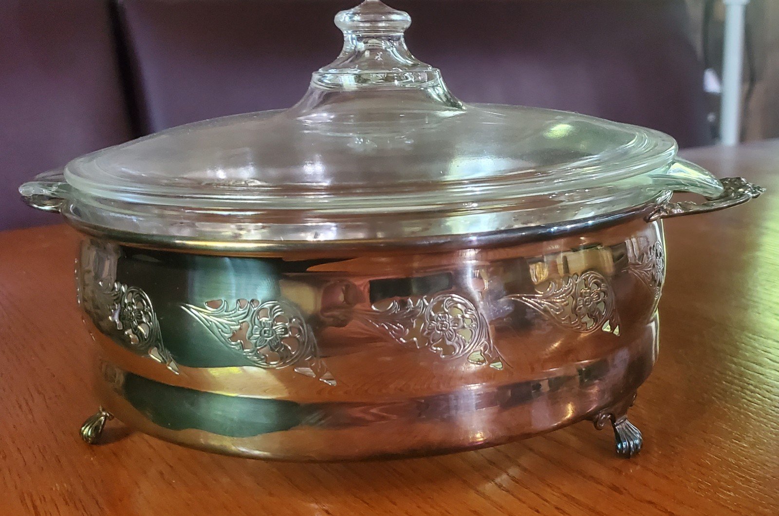 WM A Rogers Copper BM Mounts Silver Plated Covered Casserole In Holder
