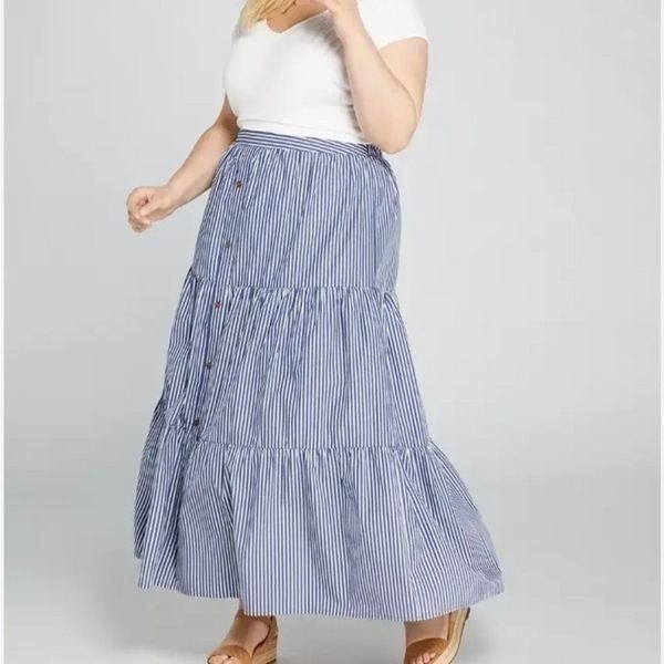 LANE BRYANT PLUS SIZE blue STRIPED BUTTON FRONT TIERED MAXI cotton SKIRT 18/20
