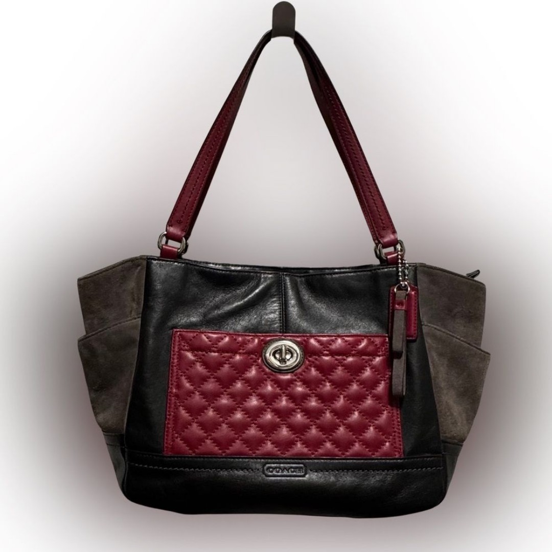 Coach Carrie Park Colorblock Gray Burgundy Quilted Suede Leather F24693 Tote