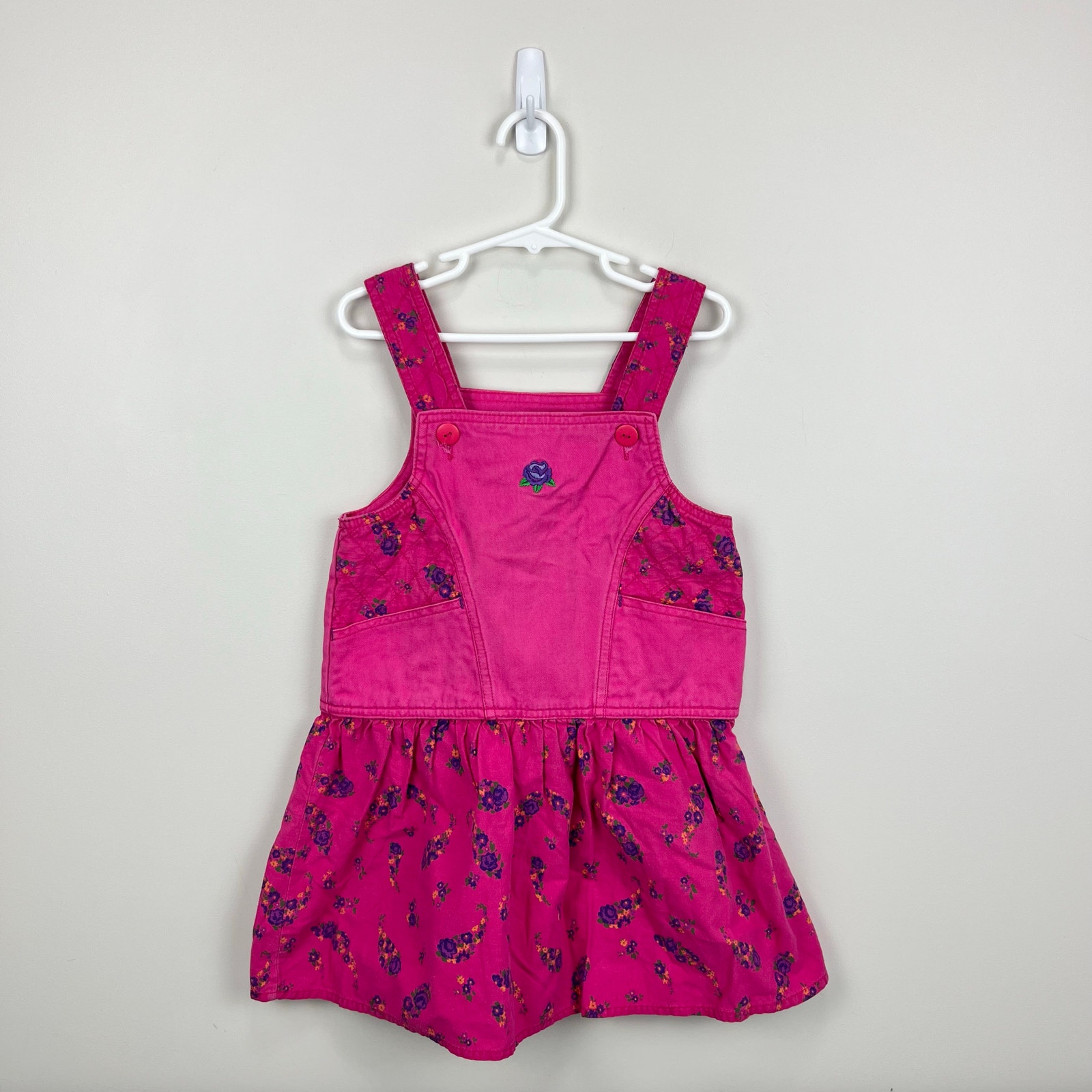 Vintage Calabash Pink Floral Denim Jumper Dress 5T