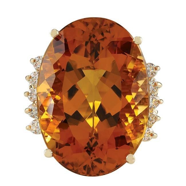 32.70Ct Natural Oval Orange Citrine & Diamond Accent Solitaire Ring 14k Yellow
