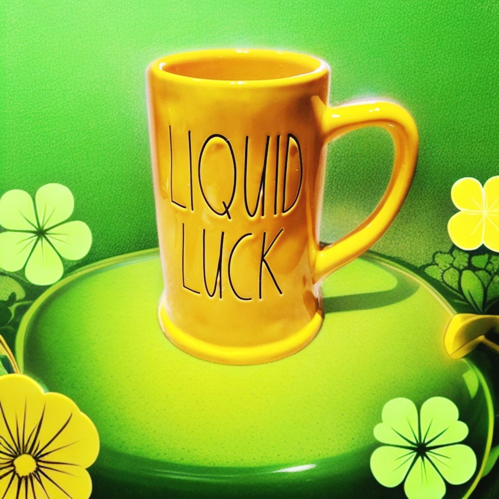 RAE DUNN CERAMIC MUG LIQUID LUCK TALL YELLOW GLAZED AT PATRICK'S DAY THEME