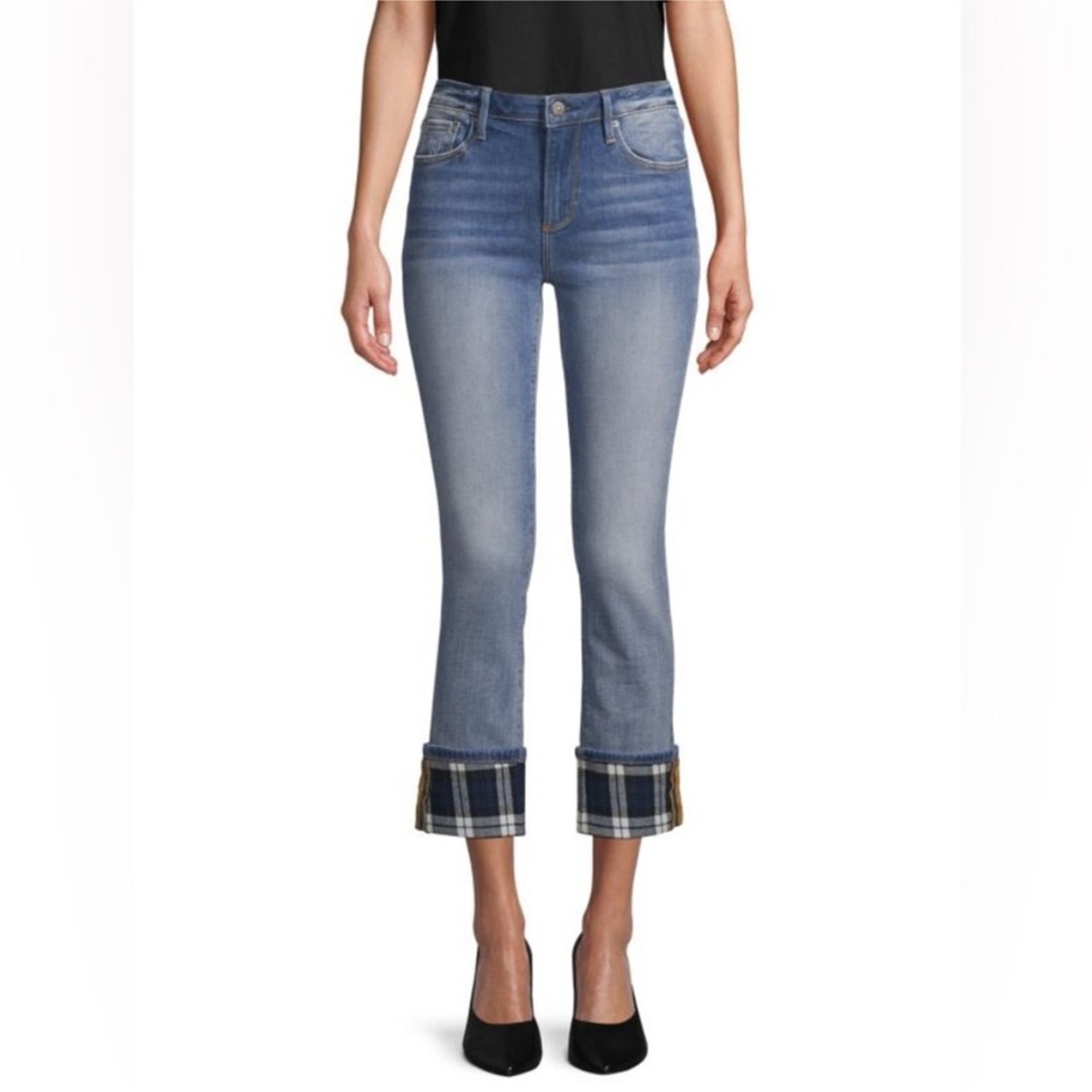 Driftwood Colette Straight Leg Crop Plaid Cuffed Jeans - Size 27