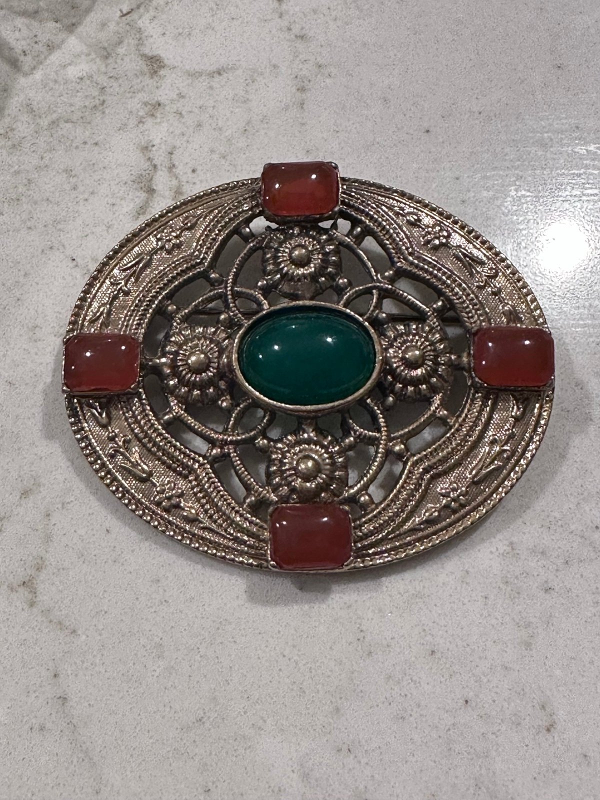 Victorian jade + carnelian gold brooch