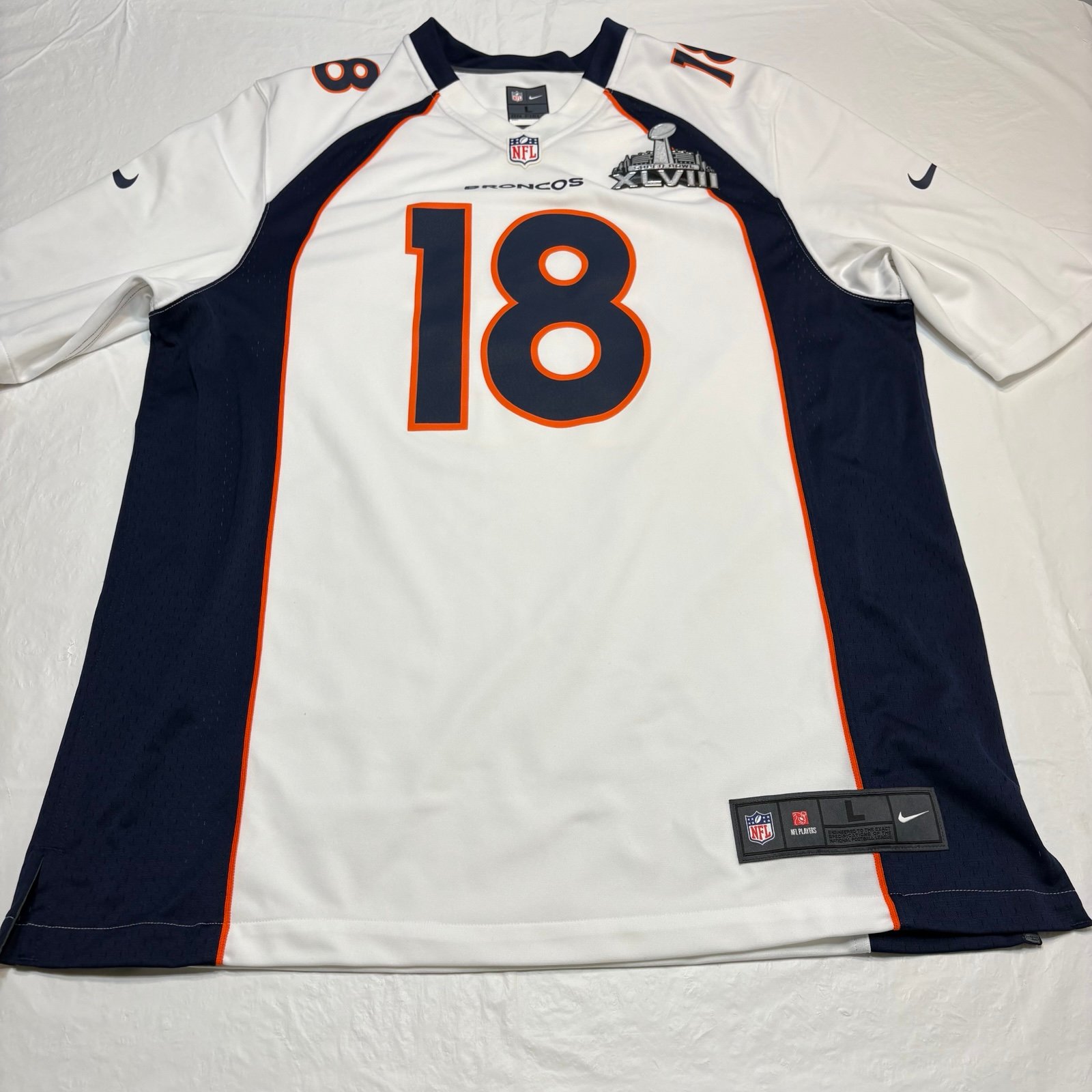 Nike Peyton Manning #18 Denver Broncos Super Bowl XLVIII Game Jersey Mens L