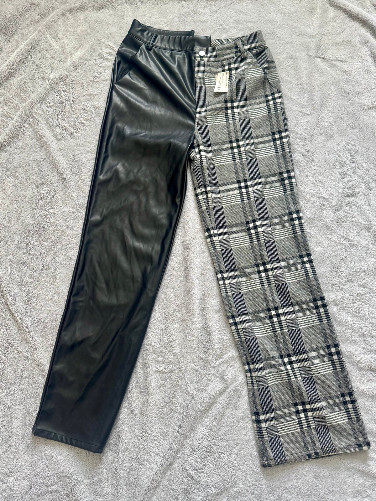 Rehab Lab Assymetrical Women’s Pants Half Faix Leather Half Plaid Size Medium