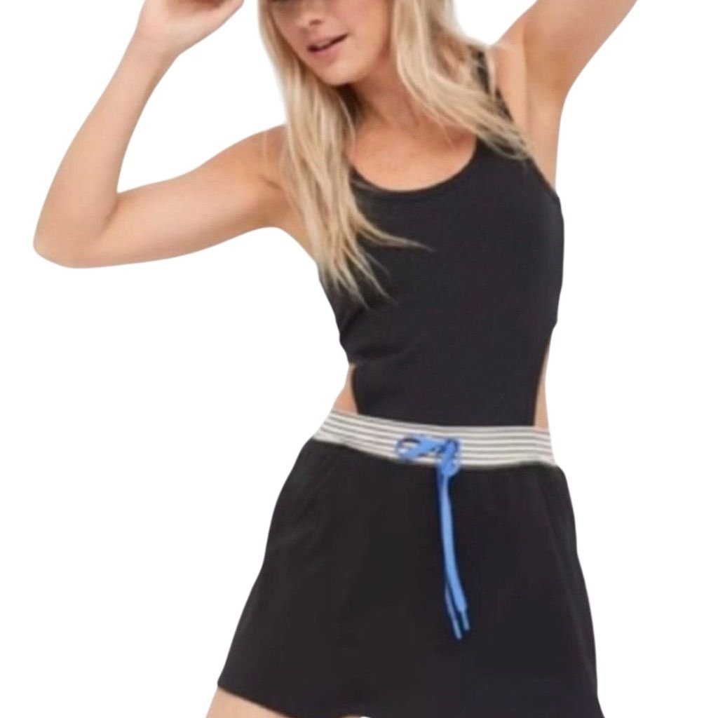 Aerie Offline Women's Black Ribbed Cut Out Romper Dress Size L Casual