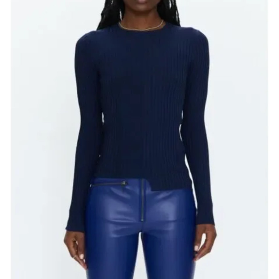 PISTOLA Navy Blue Betty Ribbed Asymmetric Hem Crewneck Sweater Medium