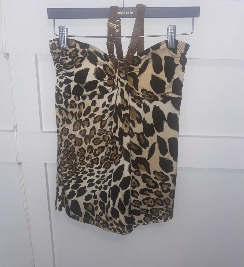 Cache Leopard Print Leather Strap Halter Top Sz S