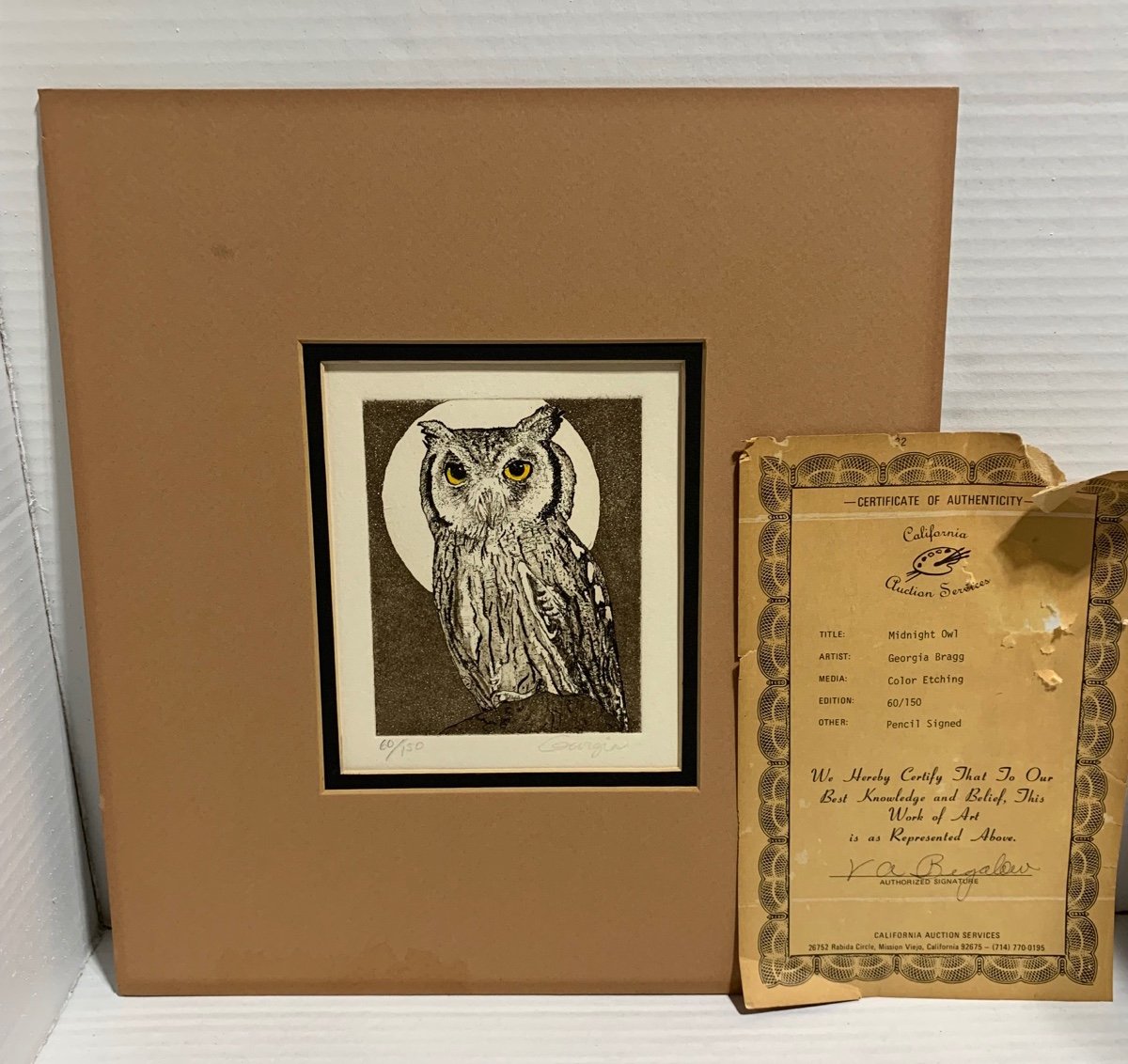 Authenticated Georgia Bragg Owl Pencil Drawing 60/150 Signed Title: Midnight Owl