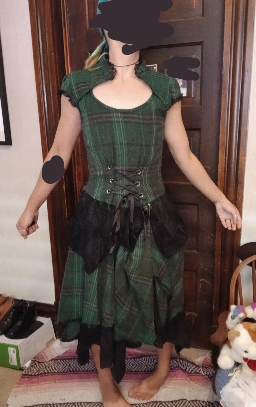 Vintage Lip Service Green Plaid Tartan Corset Bustle Dress, Safety Pin Accent