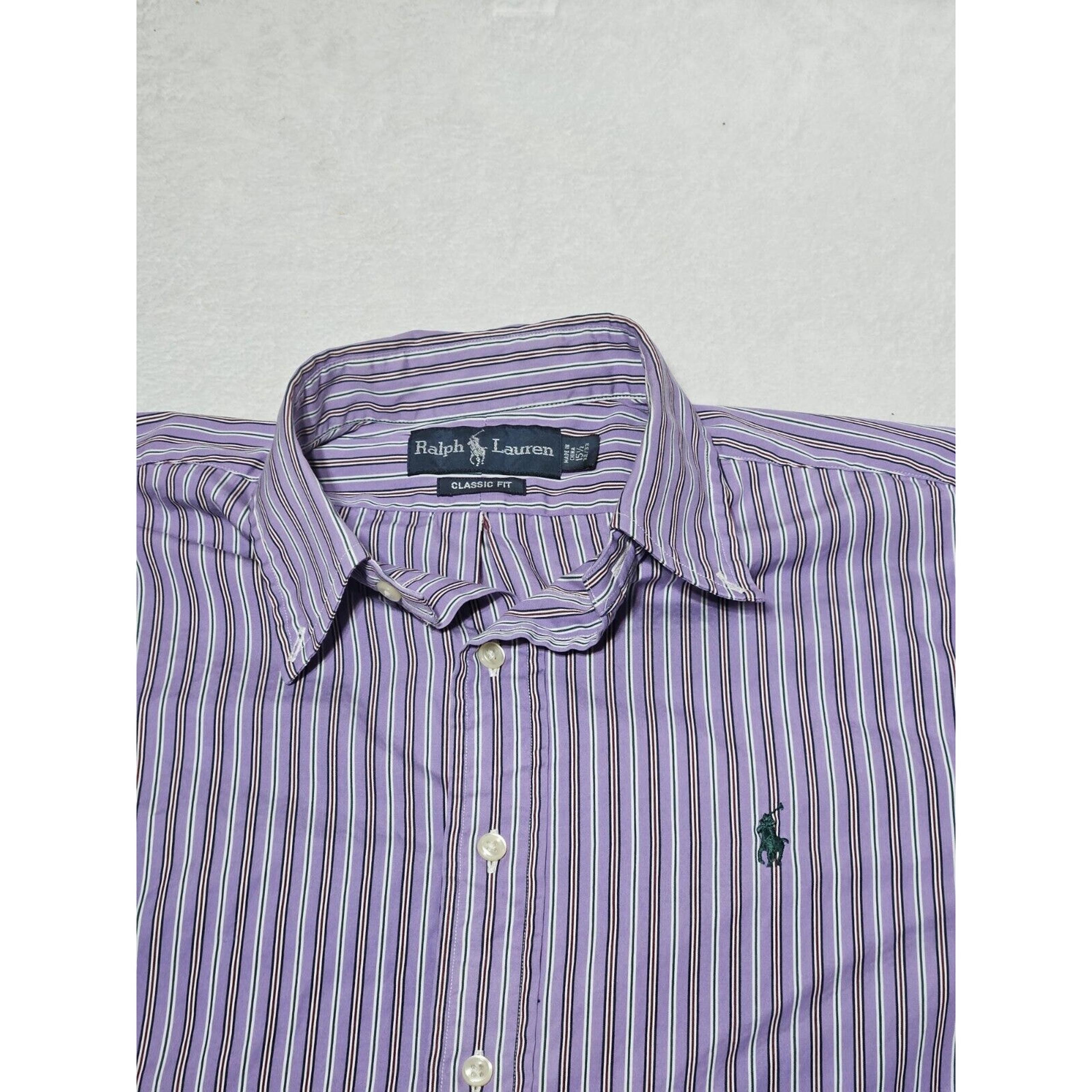 Polo Ralph Lauren Shirt Mens 15.5 32/33 Long Sleeve Button Purple Stripes Pony