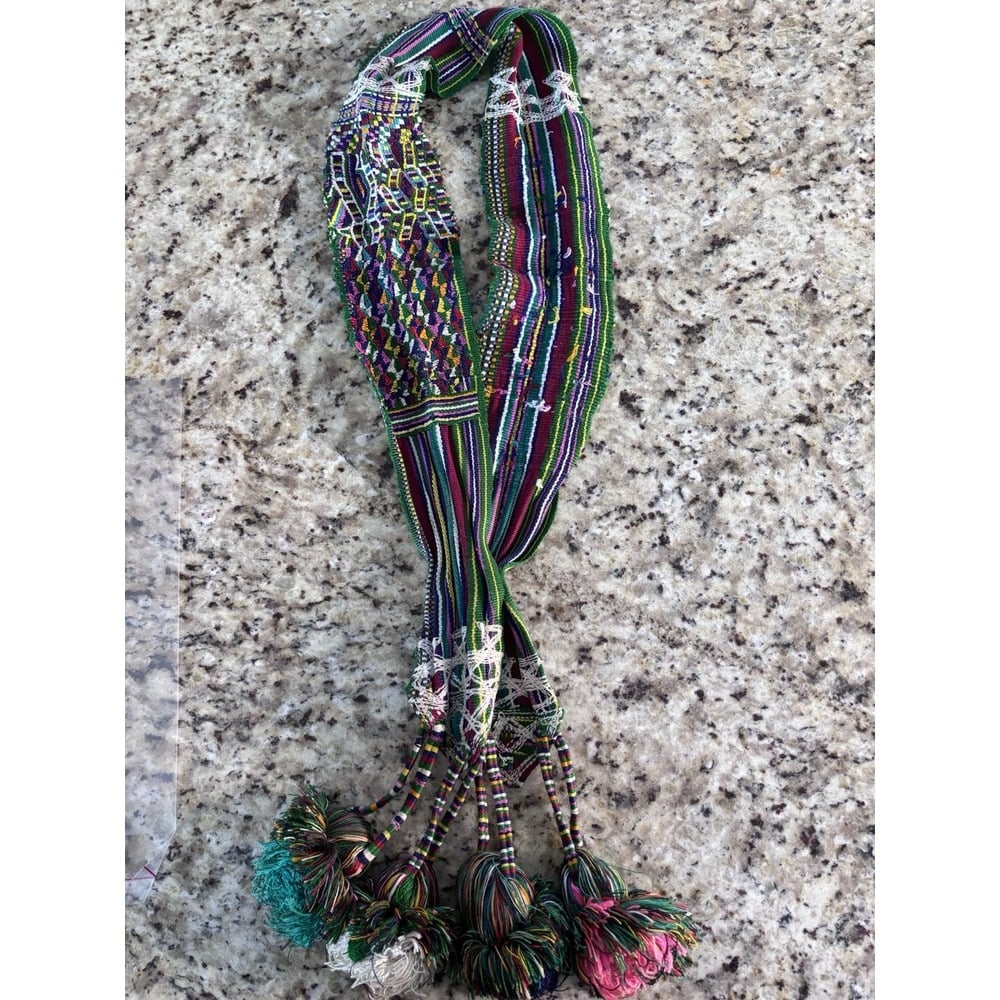 Guatemalan Woven Textile Faja Belt Sash Santiago Guatemala large pom-poms