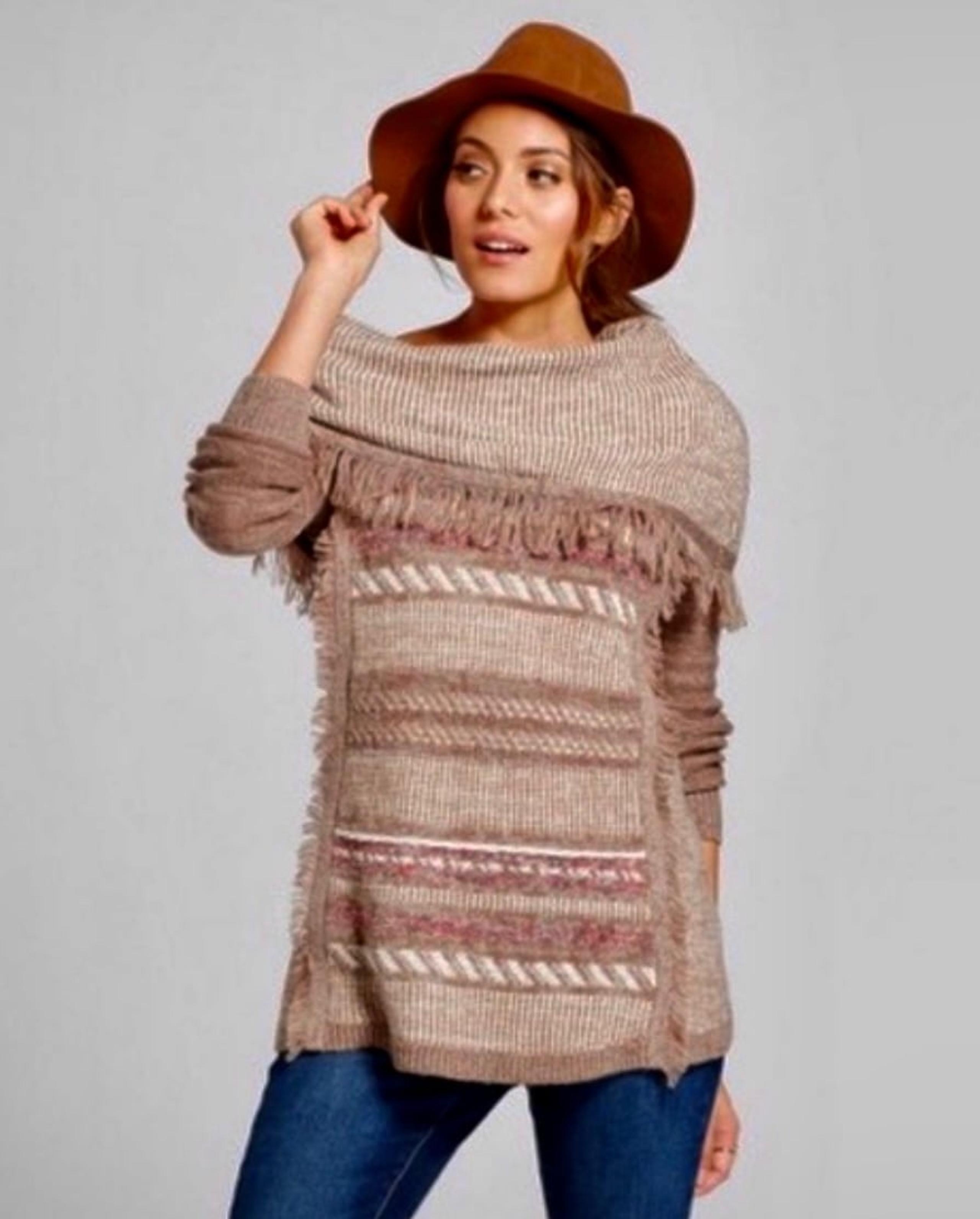 KNOX ROSE Cowl Neck Off Shoulder Sweater Fringe Taupe Rose Cream SMALL ECU