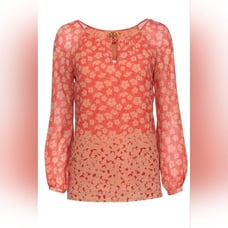Tory Burch Coral and Red Floral Print Silk Blouse Size 6 Flowy Spring Summer Top