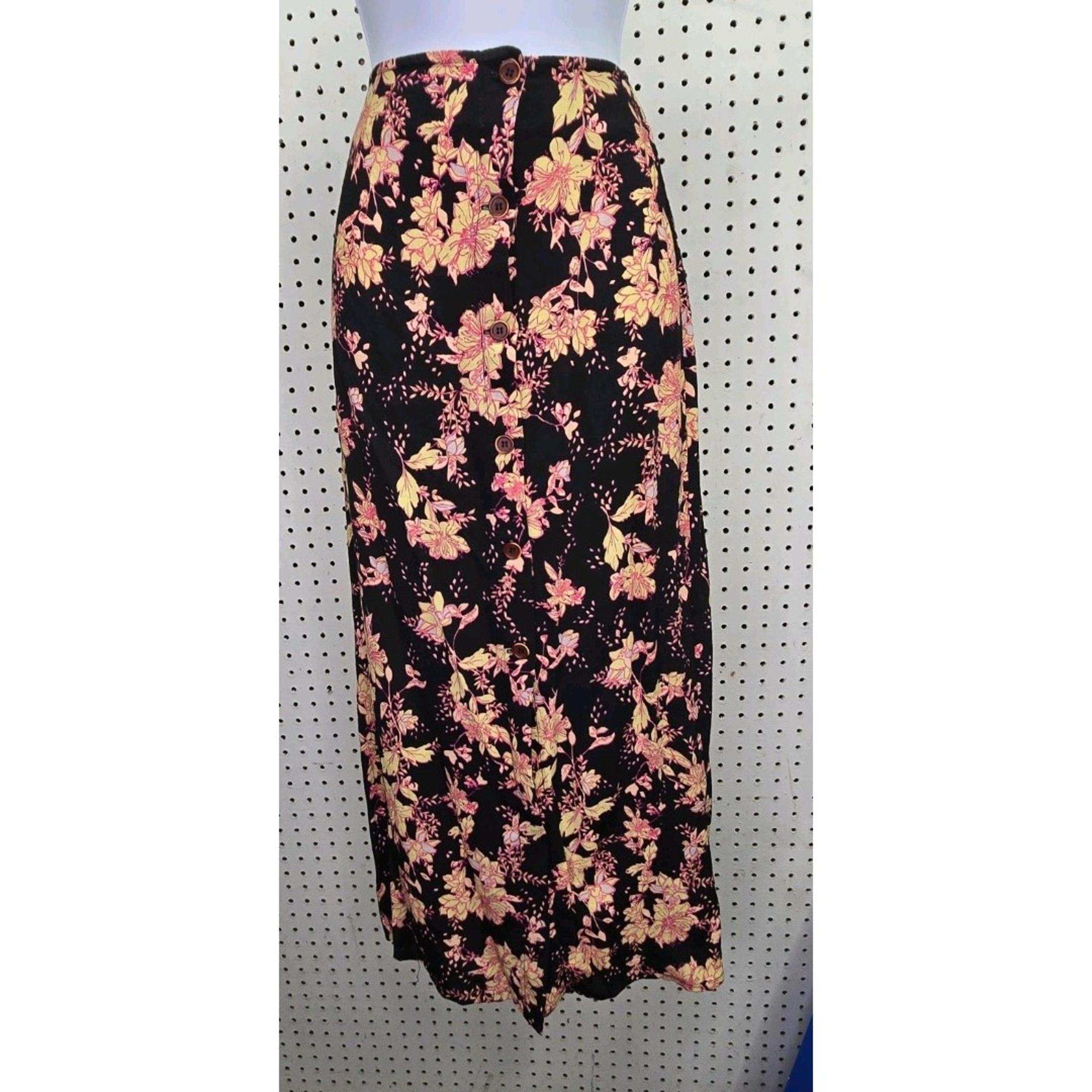 Free People Skirt Women’s 4 Maxi Black Floral Button Front Smooth Sailing Slit