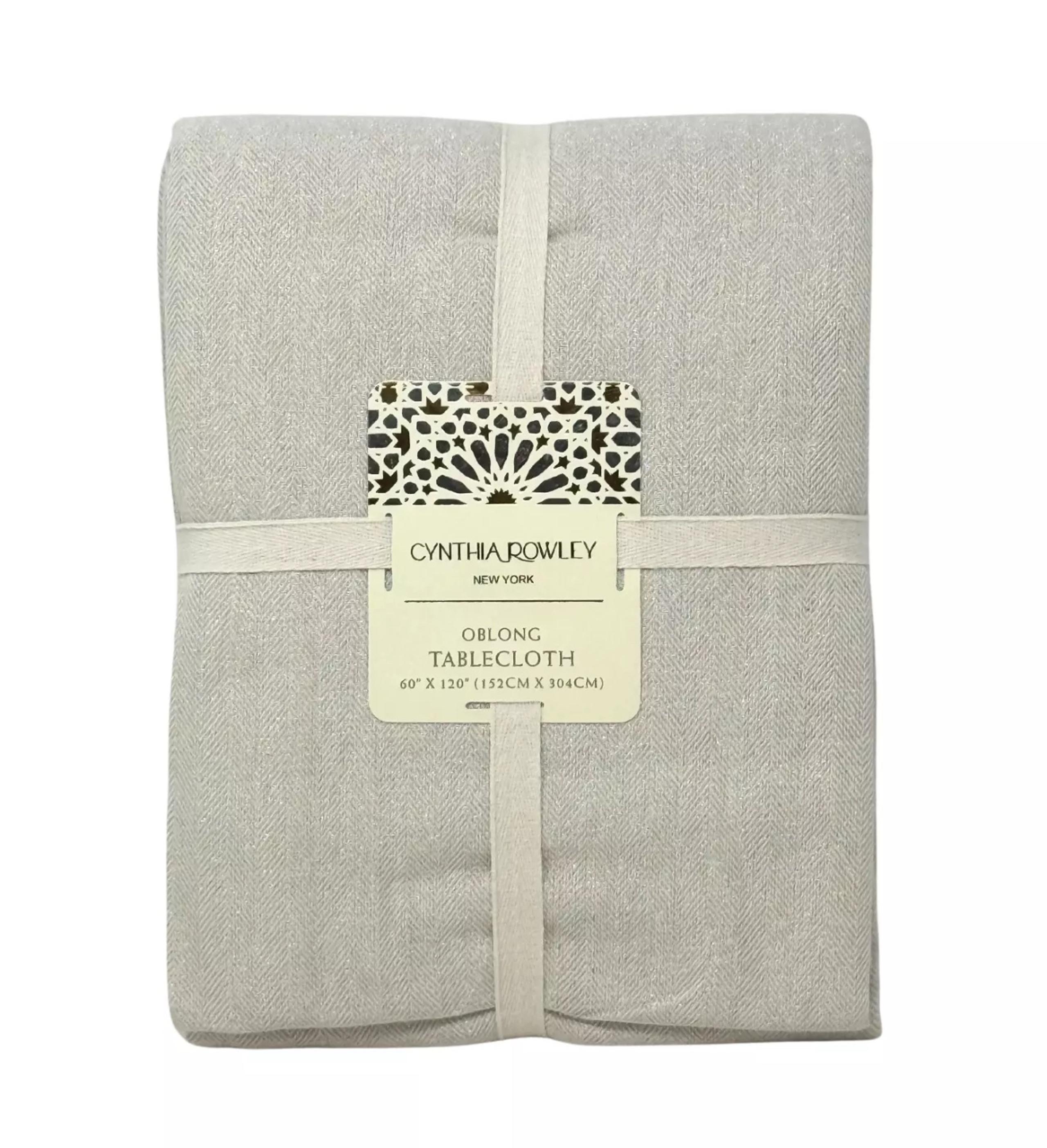 CYNTHIA ROWLEY 60 x 120" Holiday Beige & Silver Cotton Blend Designer Tablecloth