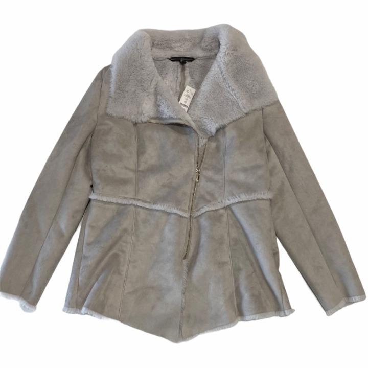 NWT WHITE HOUSE BLACK MARKET Faux Suede Shearling MEDIUM Gray Zipper #06002