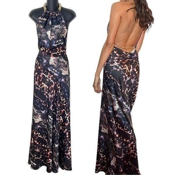 MARCIANO Party Maxi Dress by Guess Sexy Backless Necklace Halter Animal Print 10