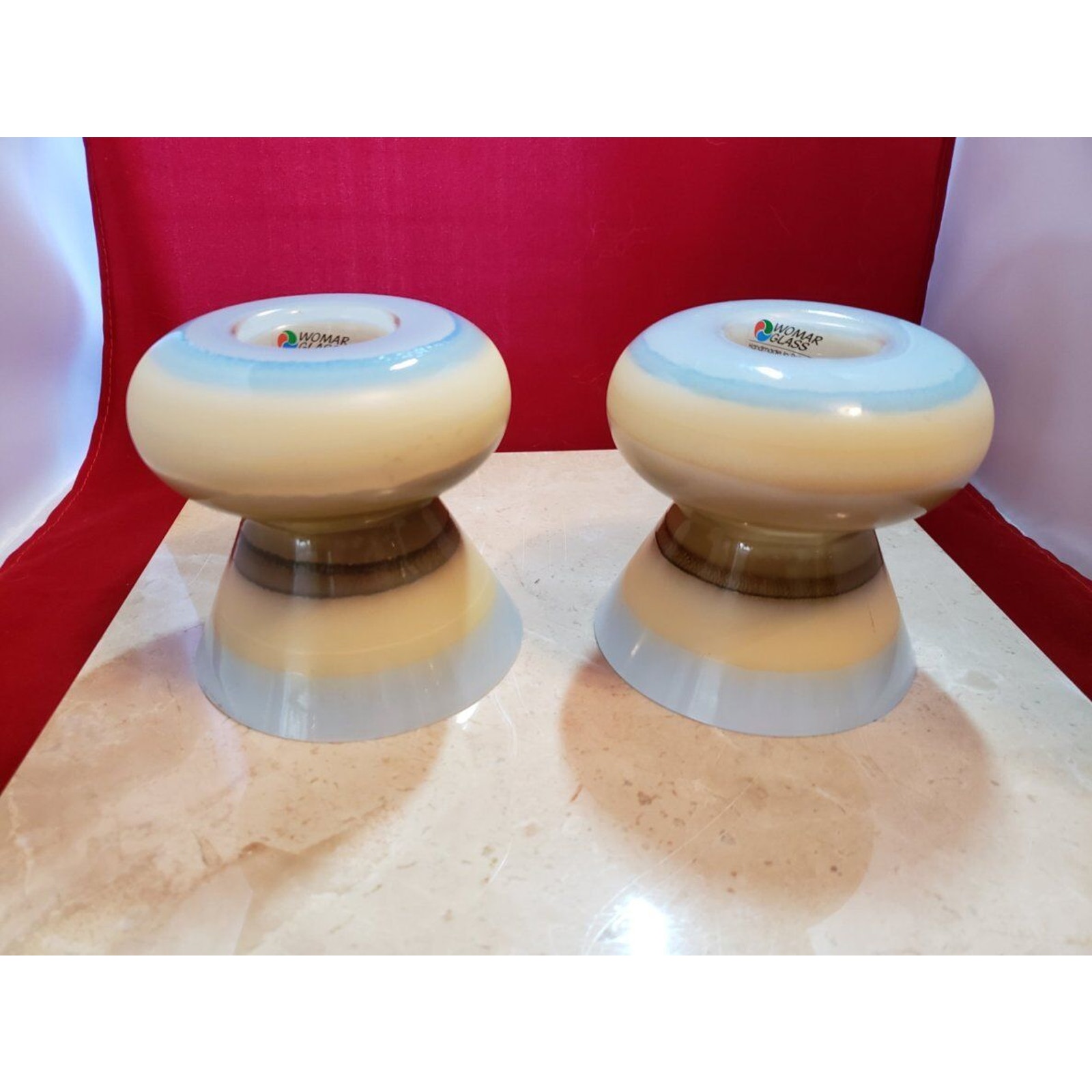 Womar Glass Pair Candle Holders - Blue Cream and Brown Stripped