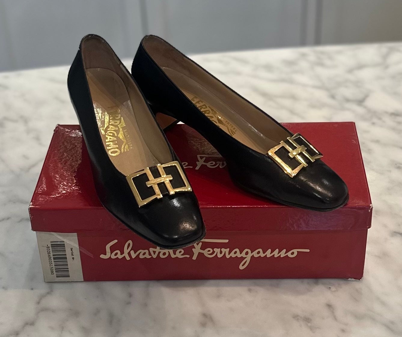 Salvatore Ferragamo women’s black leather shoes with gold hardware - SIZE 7.5
